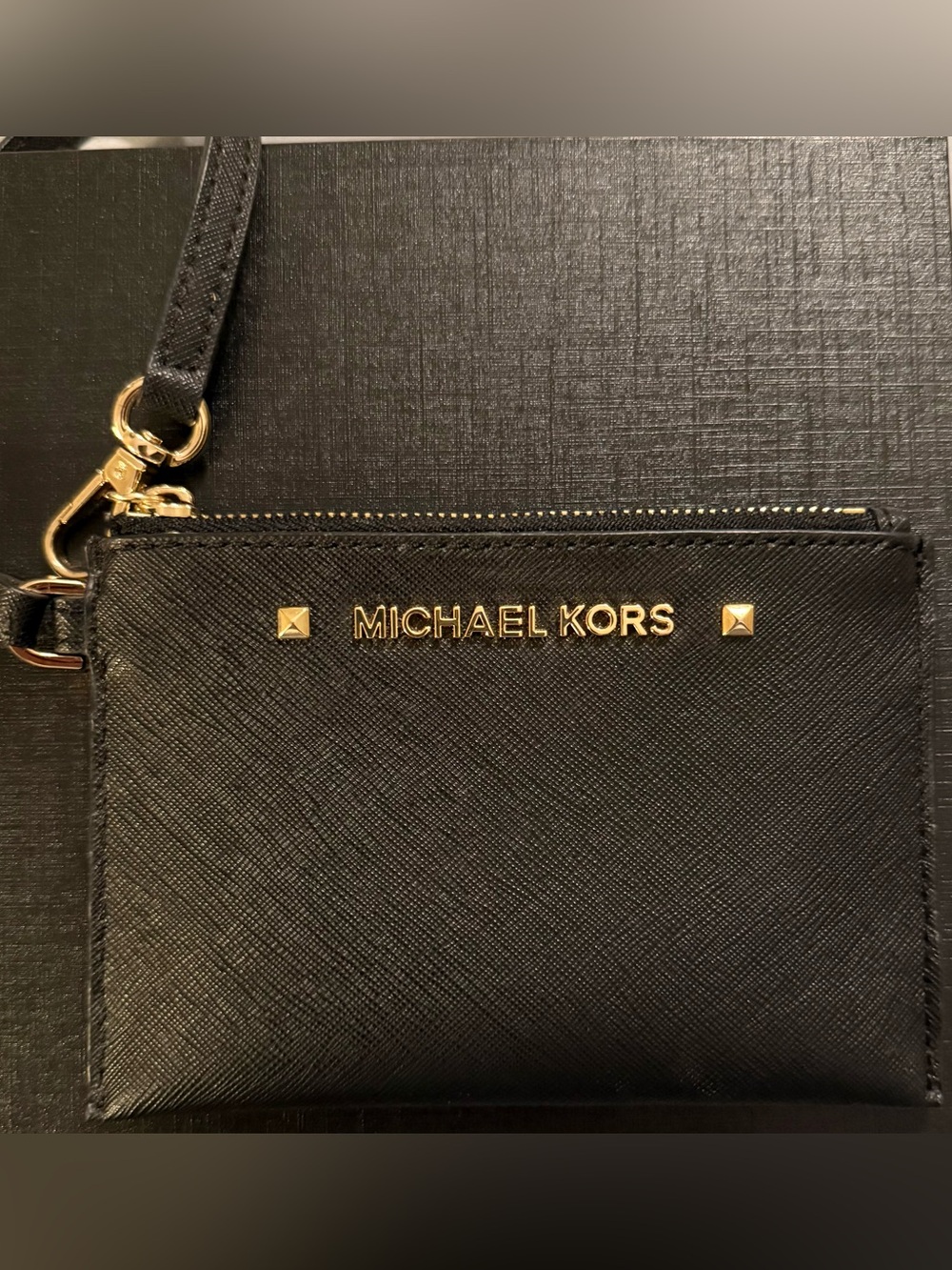 Michael Kors Black Leather Wristlet Pouch with Gold Hardware